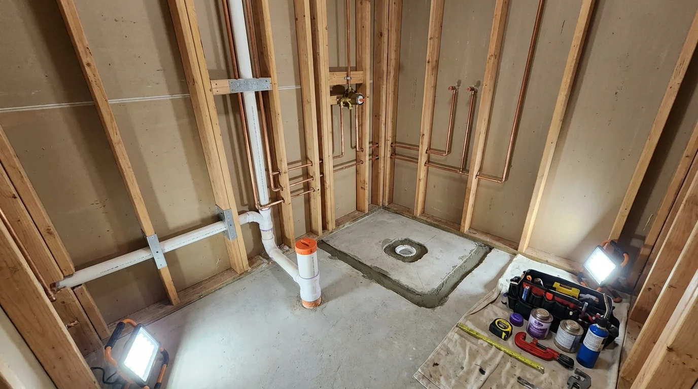 Bathroom rough-in plumbing during remodel by Johns Plumbing LLC in Fairhaven
