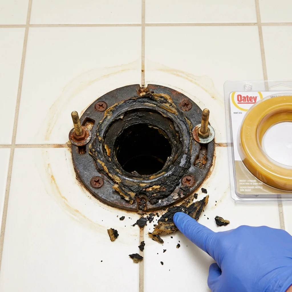 Failed wax ring showing water seepage at the base of a toilet in a Fairhaven, MA home