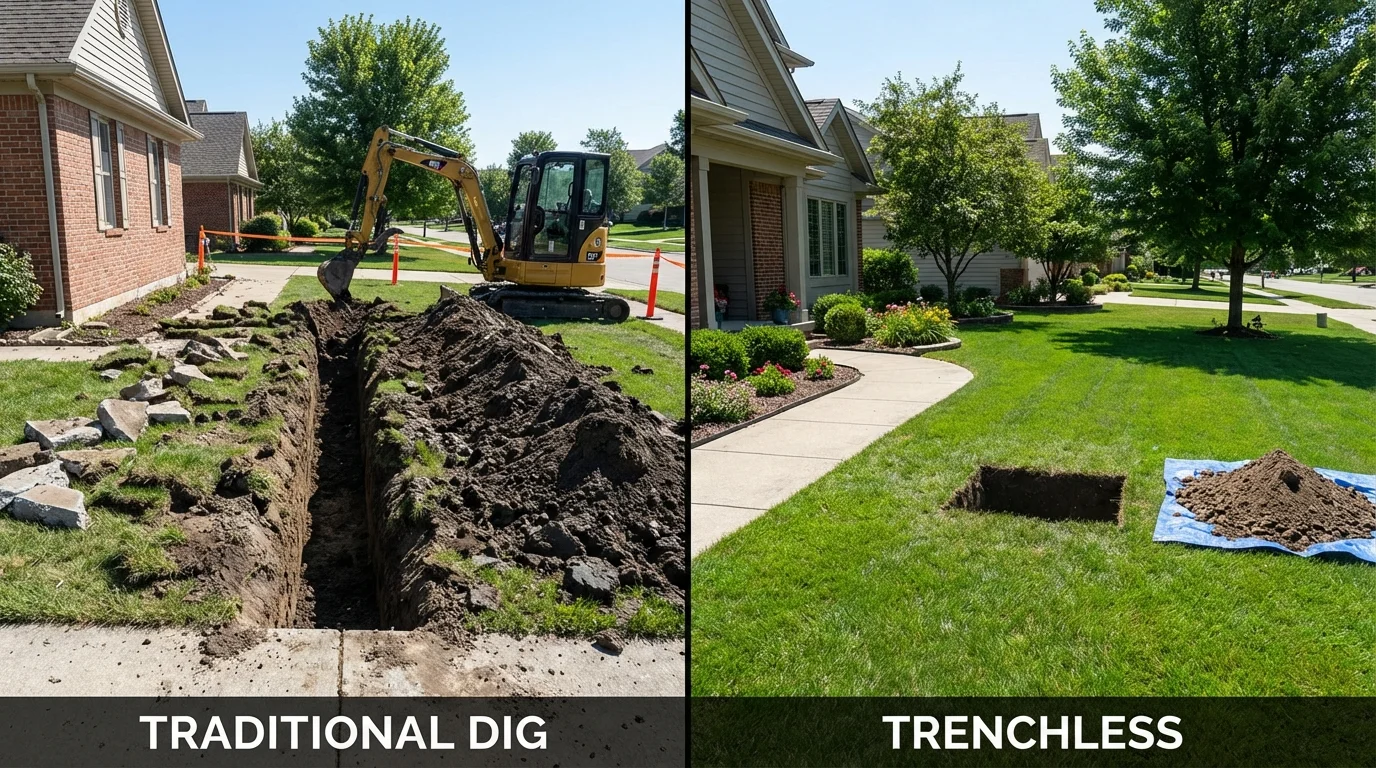 Trenchless sewer repair with minimal yard damage versus traditional excavation in Fairhaven, MA