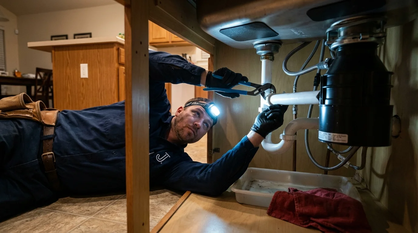 P-trap and supply line connections under a kitchen sink showing a common leak point in Fairhaven, MA